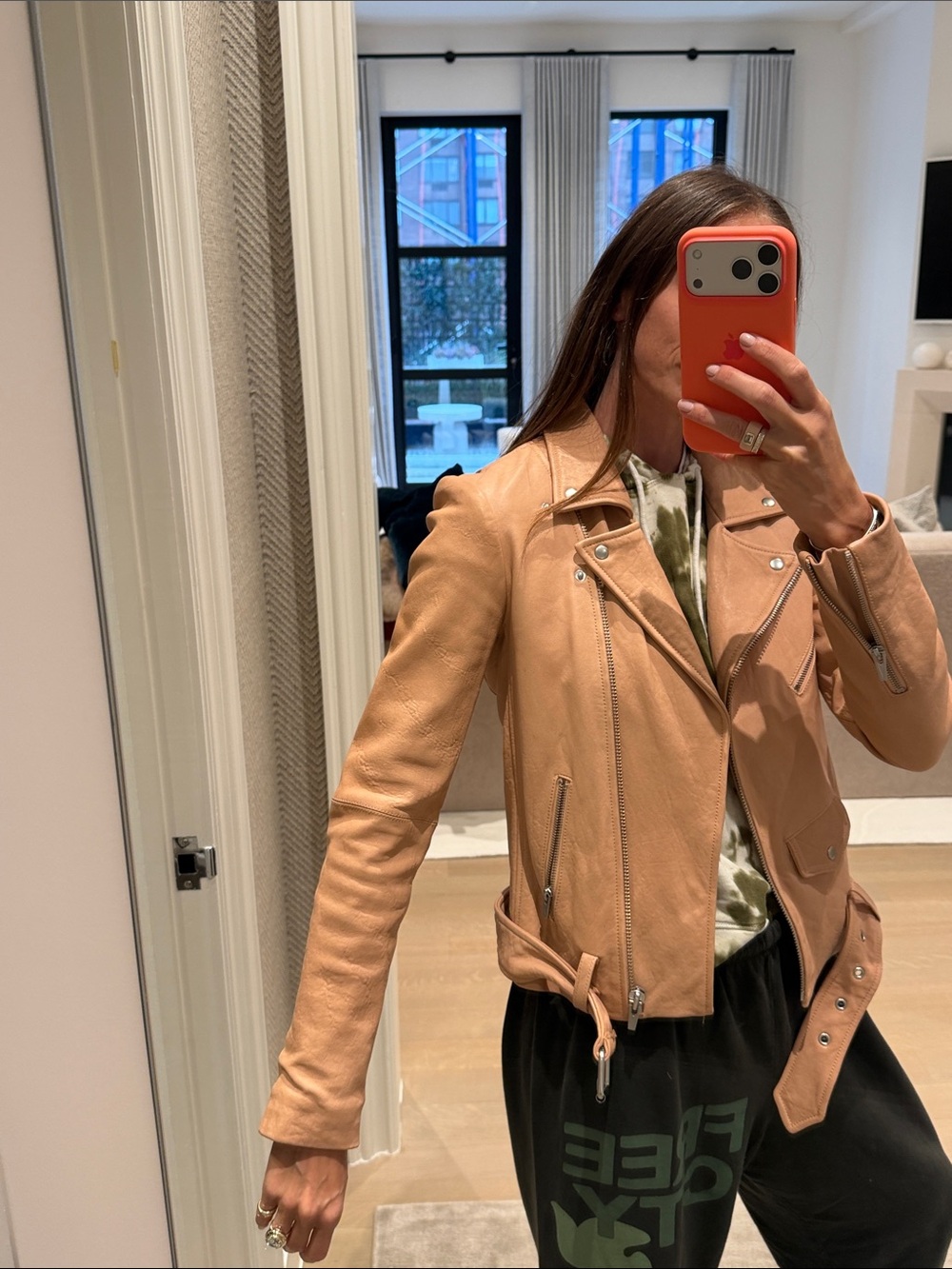 Veda Tan Leather Moto Jacket with Zip Details